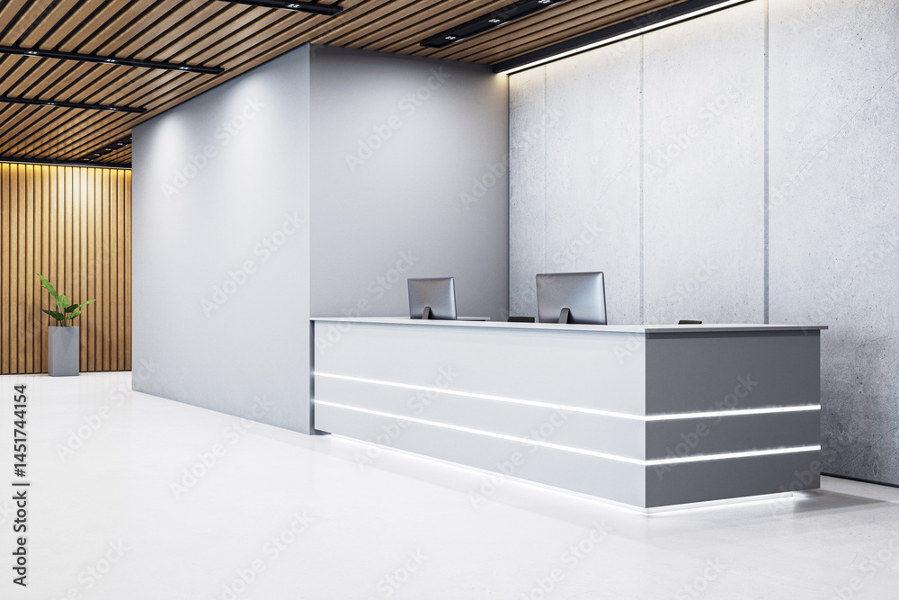 Poster Modern minimalistic reception desk with computers in stylish corporate office interior with wooden ceiling and concrete wall background. 3D Rendering. 3D Rendering