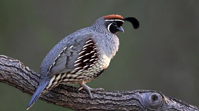 California quail on a branch: calm observation with subtle movement in nature