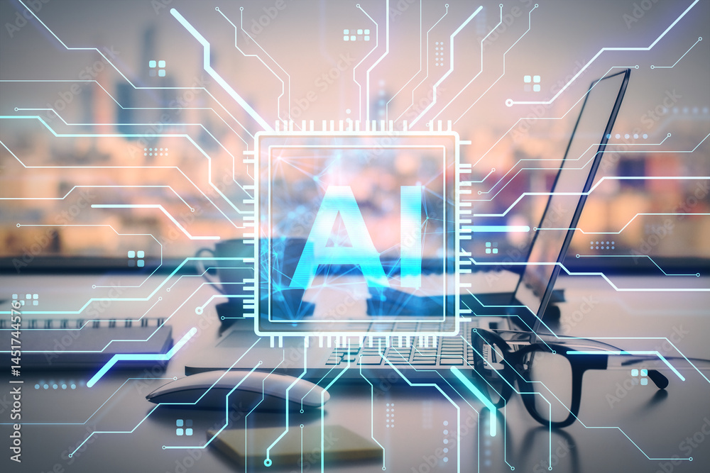Aufkleber futuristic ai technology concept with glowing circuit board design overlay on modern office desk bac