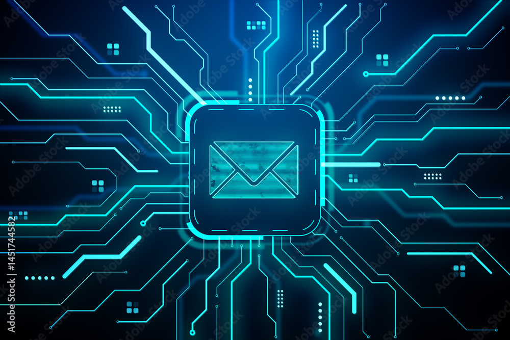 Poster Glowing email icon surrounded by digital circuit lines on futuristic blue neon tech background representing digital communication concept. 3D Rendering