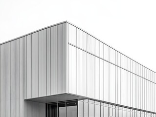 Modern architectural facade, corner view of a light gray building with a geometric design.  The exterior features smooth, vertical panels and large windows