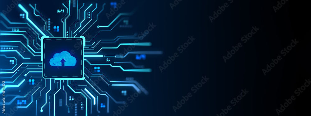 Poster Cloud storage upload icon on digital circuit board with glowing neon blue lines on dark background representing modern internet data network technology. 3D Rendering