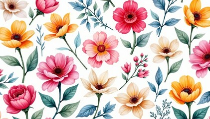 Watercolor painted flowers, continuous repeat, pretty, summer