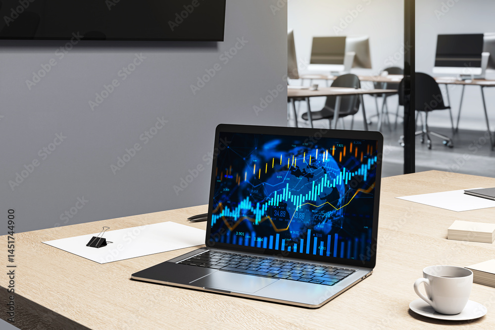 Poster modern office workspace with laptop displaying financial data charts on creative light background, m