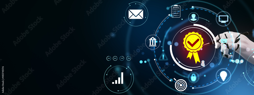 Poster Futuristic robotic hand interacting with digital quality certification interface on dark background with abstract technology elements and icons. 3D Rendering