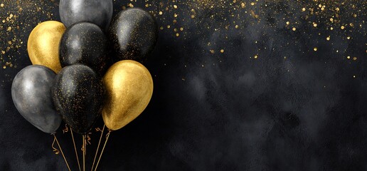 Elegant Black and Gold Balloons with Glitter on Dark Background