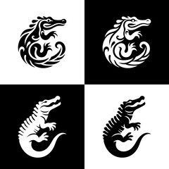 Wild Alligator Silhouette Vector Illustration Dangerous Fierce Predator Animal Logo and Monochrome Reptile Graphic Artwork Isolated Icon for Sticker Badge T-Shirt Design Fantasy Horror Adventure
