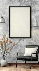 Modern Minimalist Home Interior Design Mockup with Blank Square Frame, 3D Rendering