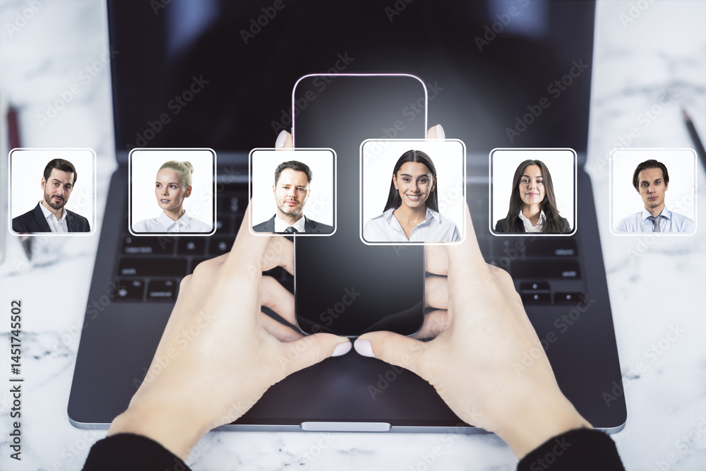 Poster Hands holding smartphone in front of laptop selecting businesspeople for online networking or recruitment on light background with digital interface.