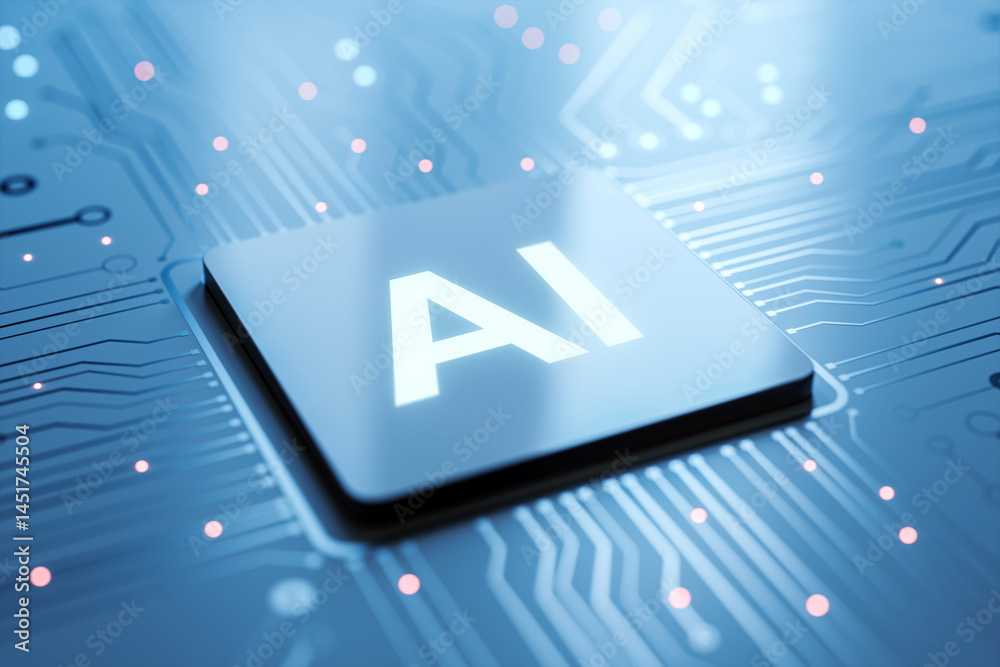 Leinwandbilder Artificial intelligence chip glowing on futuristic circuit board, symbolizing smart digital technology and machine learning innovation. 3D Rendering