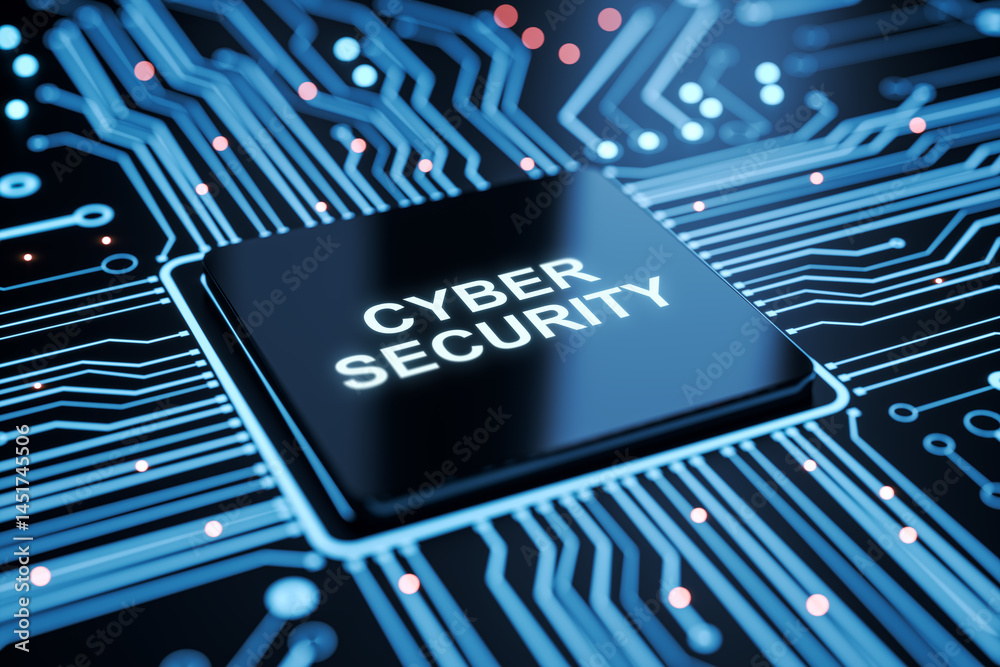 Poster Cyber security microchip on futuristic digital motherboard background symbolizing online protection, safety, and network safeguard systems. 3D Rendering
