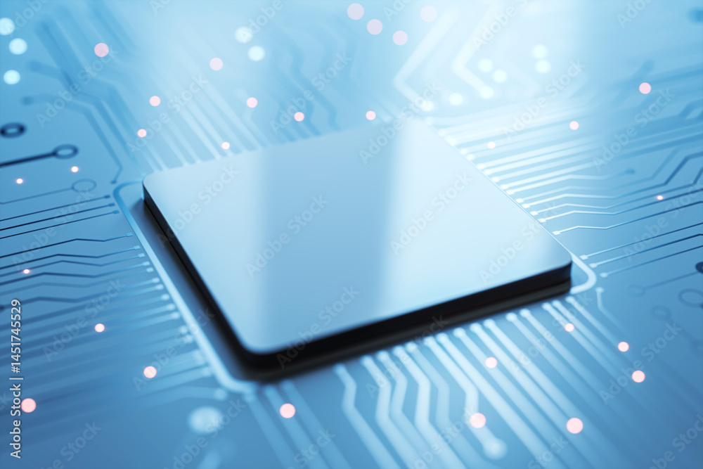 Aufkleber Closeup mockup of a blank microchip on a clean futuristic digital circuit board with glowing elements and abstract lines for modern tech design. 3D Rendering