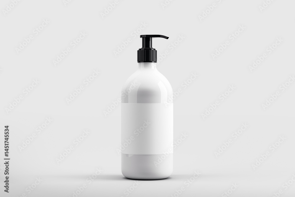 Aufkleber Blank white pump bottle mockup with label on light gradient background for branding presentation and product design display. 3D Rendering