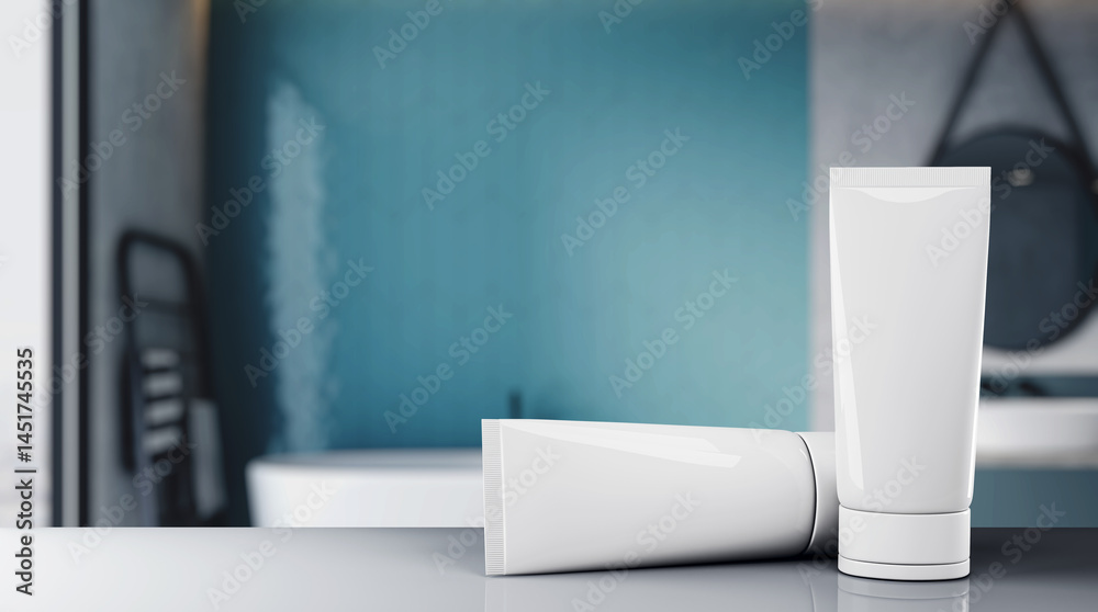 Poster cosmetic cream tubes mockup on bathroom counter with blurred background, clean packaging design temp