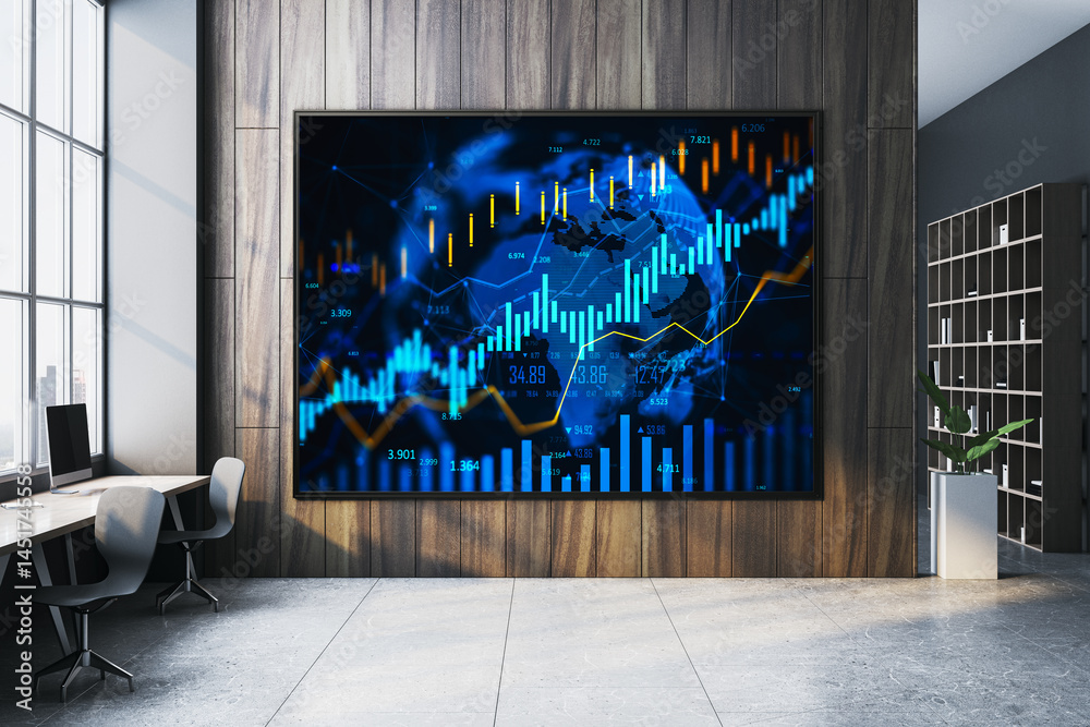 Poster large digital screen displaying forex and stock market data with colorful financial graphs in modern