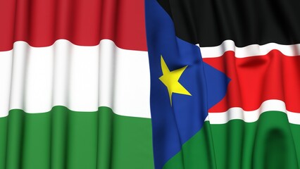 Flags of HUNGARY and SOUTH SUDAN with realistic cloth texture