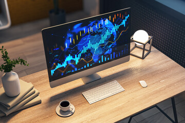 Digital stock market analysis interface on modern desktop computer in evening office environment...