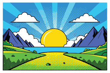 Retro comic book mountains landscape shows yellow sun rising above water on blue sky