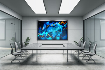 Modern conference room interior with digital financial chart display on screen, representing business investment and forex market analysis concept. 3D Rendering