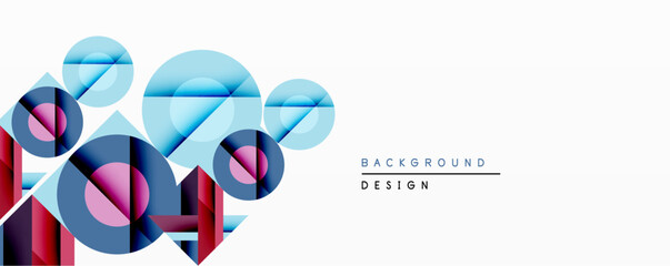 Abstract geometric shapes overlap, creating dynamic composition. Circles, triangles, squares blend blues, reds, pinks. Modern design element for backgrounds, presentations.