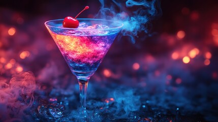 Colorful cocktail in a glass with cherry garnish and swirling smoke effect.