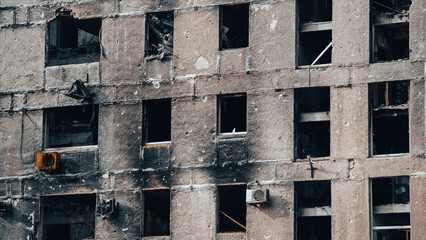 destroyed and burned houses in the city in Ukraine
