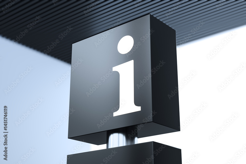 Poster closeup of modern information icon sign in black on metal pole with abstract ceiling background in m