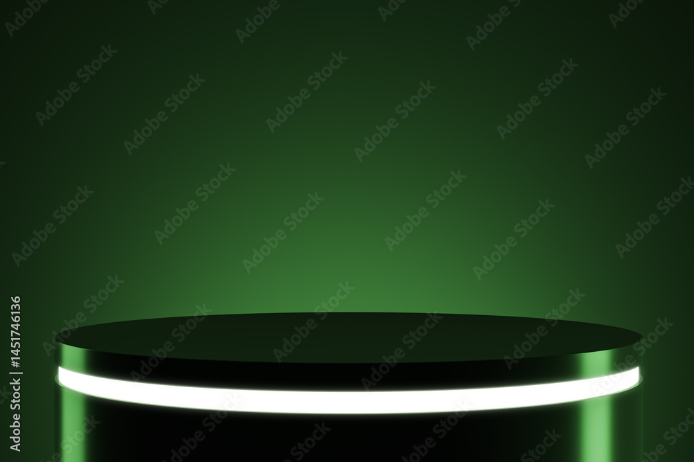 Poster Modern round podium with glowing light on dark green background for product presentation and branding concept. 3D Rendering. 3D Rendering