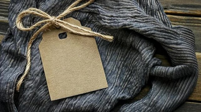 Blank kraft paper tag tied with twine on dark gray fabric