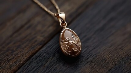 A golden pendant necklace with a decorated decorative oval shape