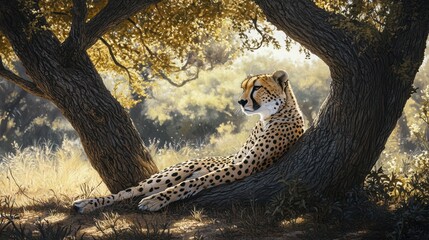 A serene illustration of a cheetah resting under the shade of a tree in a sunlit savanna.