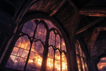 Intricate, weathered gothic architecture with a dramatic sunset.