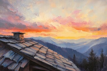 Colorful mountain sunset view from a rustic roof.