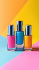 Vibrant nail polish bottles in three colors,  a pop of color