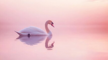A serene swan floats gracefully on calm water, illuminated by the soft hues of a pink sunset sky.