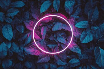 Neon pink circle frame amidst dark tropical foliage.  Vibrant leaves in shades of blue and purple surround a glowing circle