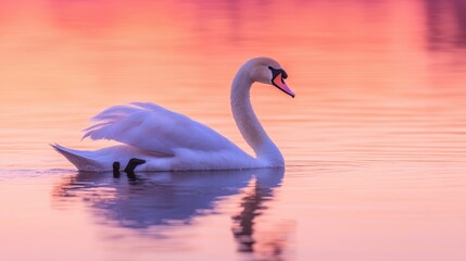 Obraz premium A serene swan floats gracefully on calm water, illuminated by the soft hues of a pink sunset sky.
