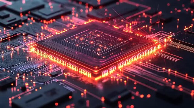Close-up view of a glowing microchip surrounded by vibrant circuitry and digital sparks in a tech setting
