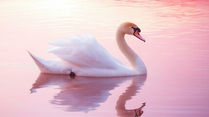 Fototapeta premium A serene swan floats gracefully on calm water, illuminated by the soft hues of a pink sunset sky.