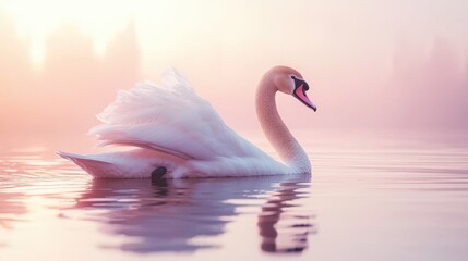 Fototapeta premium A serene swan floats gracefully on calm water, illuminated by the soft hues of a pink sunset sky.