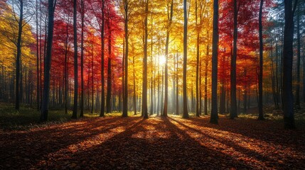 Obraz premium Autumn forest sunbeams through colorful trees