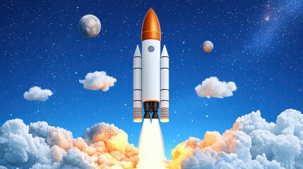 Sleek space rocket launching upward, engines ablaze, piercing the azure sky.