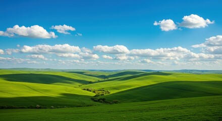 Fototapeta premium Rolling Green Hills Landscape Under a Cloudy Blue Sky