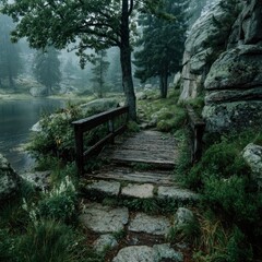 Serene landscape with lake wooden bridge and forest