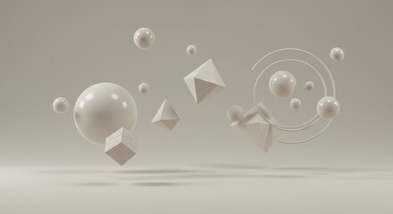 Floating Geometric Shapes with Soft Shadows on Neutral Background