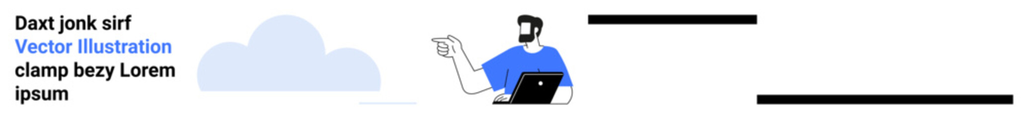 Man holding a laptop and gesturing upward toward space, blue cloud design, modern tech concept. Ideal for tech, cloud computing, teamwork, productivity, innovation, business flat landing page banner