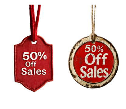 Two 50 Off Sales Tags Red Fabric and Rustic Metal Hanging Signs
