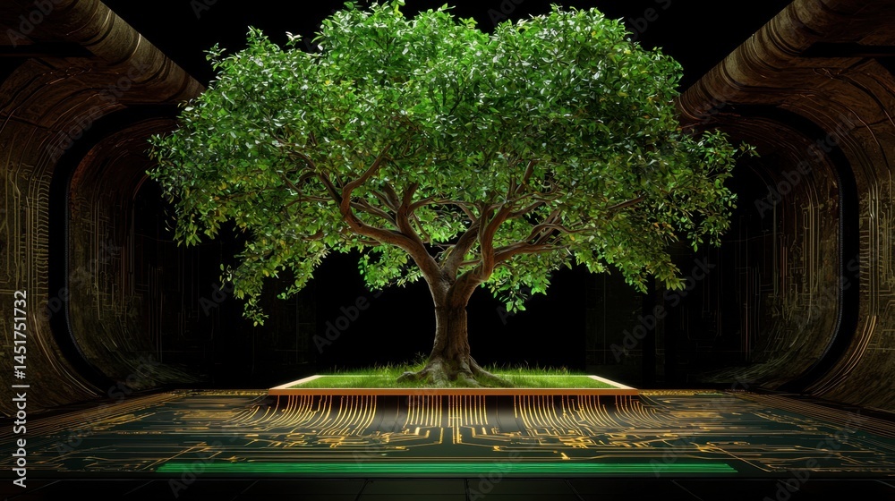 Poster tree with branches extending from a circuit board, merging natural and digital elements.