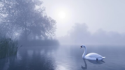 A solitary swan is depicted in a 3D rendering, gracefully floating on a foggy lake.