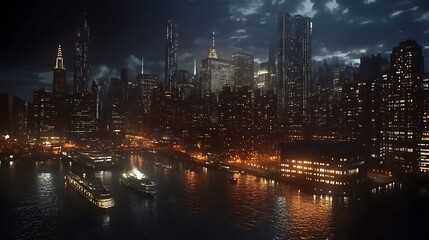 Fototapeta premium Vibrant night skyline mirrored on water surface high resolution picture
